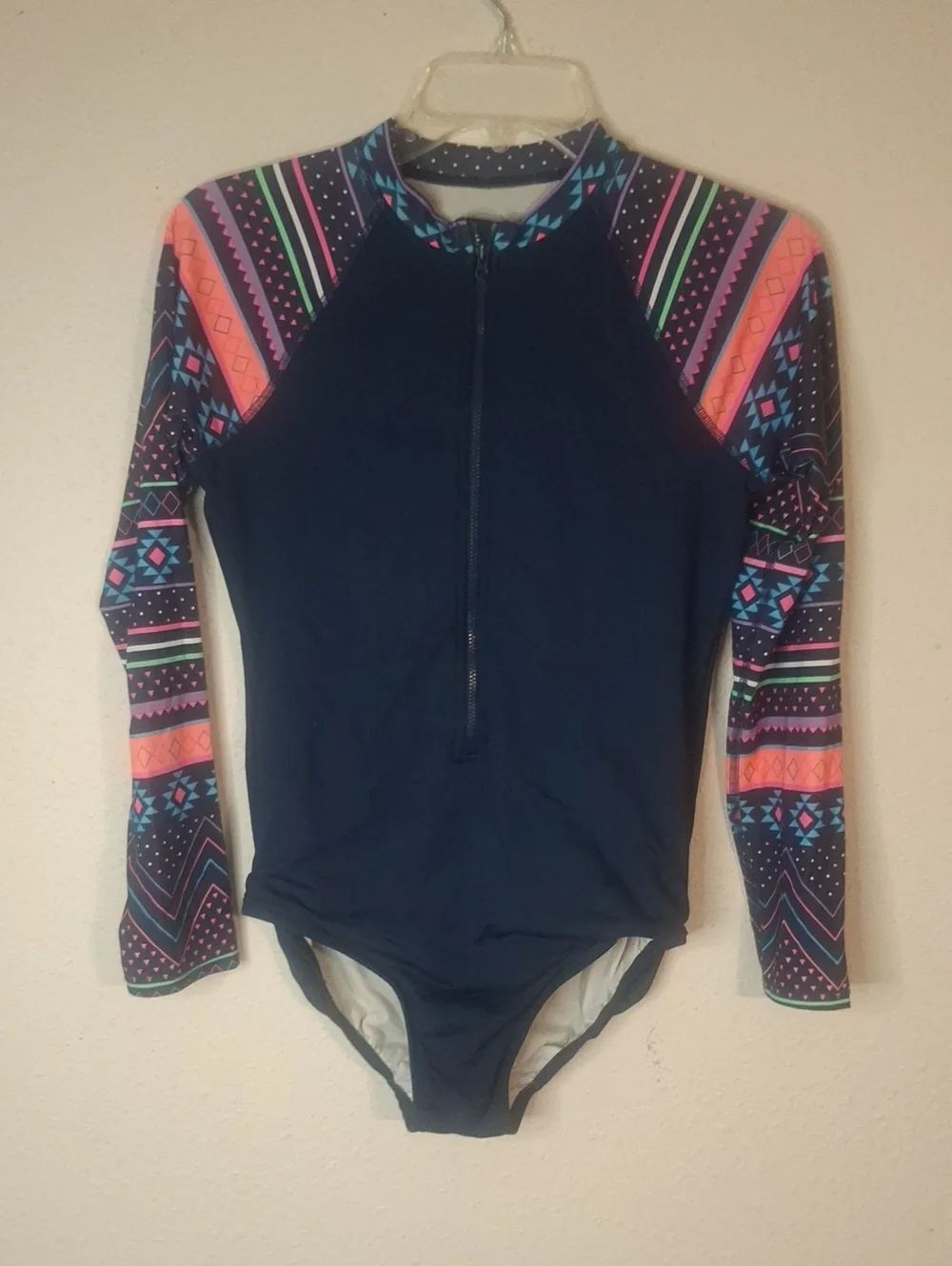 Girls' Navy One-Piece Rash Guard Swimsuit with Patterned Long Sleeves size XXL